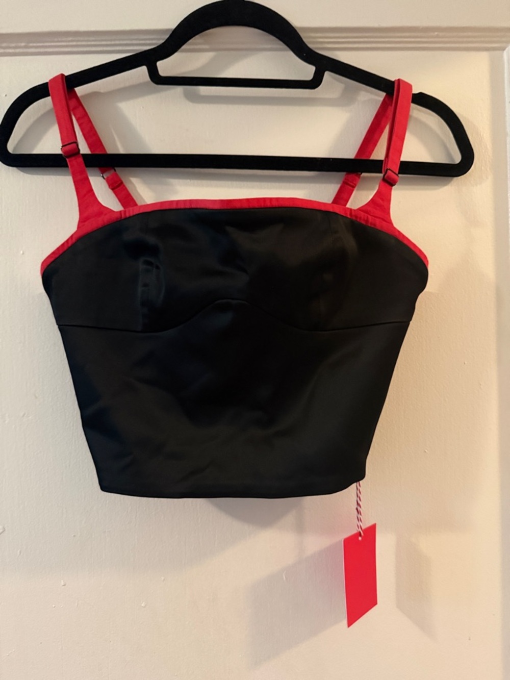 Black Italian satin Crop Top with Red cotton Trim - Women's Sexy unique Bustier